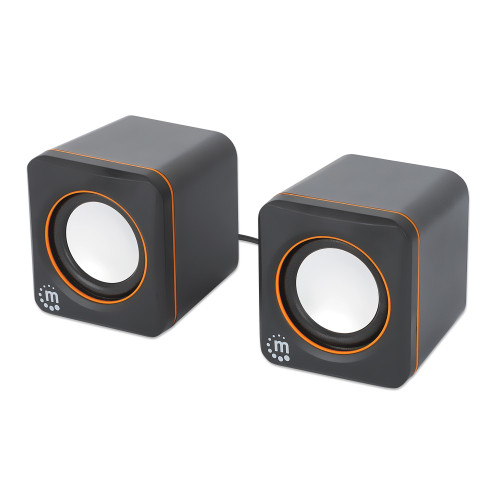 Manhattan 2600 Series Speaker System, Two Speakers, Black/Orange, USB for Stereo Audio and Power, Output: 2x 3W, Decent Sound, Integrated rotary volume control, USB-C/USB-A Adapter, Cable 1.4