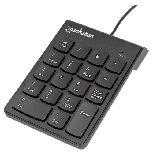 Manhattan Numeric Keypad, Wired, USB-A, 18 Full Size Keys, Black, Membrane Key Switches, Windows and Mac, Three Year Warranty