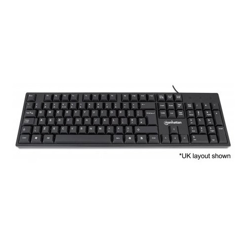 Manhattan Keyboard UK USB Wired, Standard Qwerty layout, Black, Full Size Keys, Cable 1.5m, USB-A connection, Plug and Play, Three Year Warranty, Retail Boxed