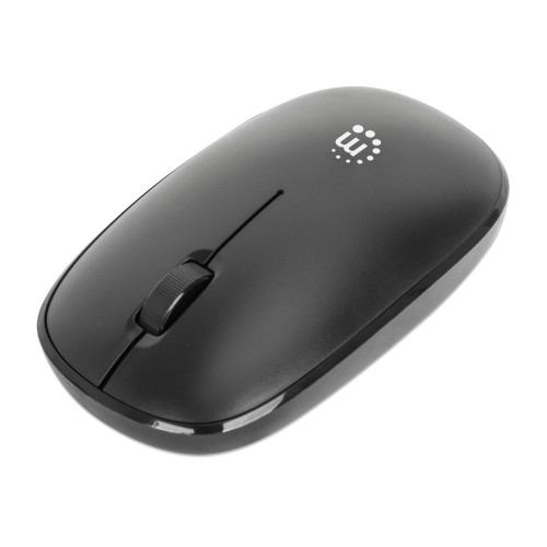 Manhattan MW3050 Wireless Optical Mouse, Black, 1200dpi, 2.4Ghz (up to 10m), USB, Ambidextrous, Three Button with Scroll Wheel, USB-A nano receiver, AA battery (included), Low friction base, 
