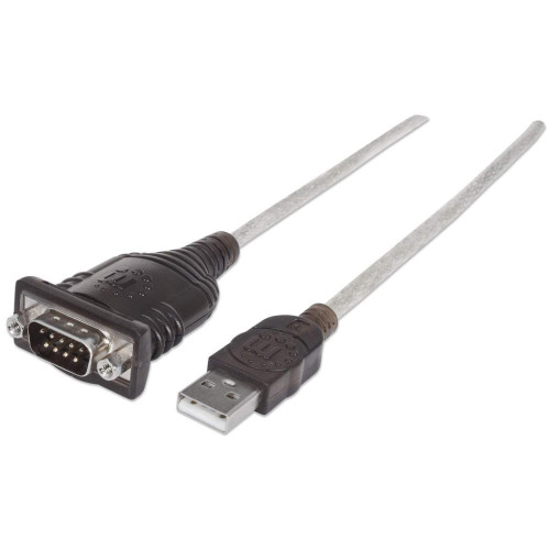 Manhattan USB-A to Serial Converter cable, 45cm, Male to Male, Serial/RS232/COM/DB9, Prolific PL-2303RA Chip, Black/Silver cable, Three Year Warranty, Equivalent to ICUSB232V2.