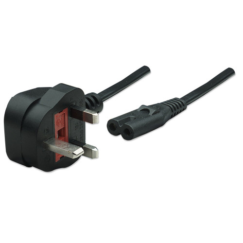 Manhattan Power Cord/Cable, UK 3-pin plug to C7 Female (figure of eight), 1.8m, 13A, Black, Lead, Lifetime Warranty