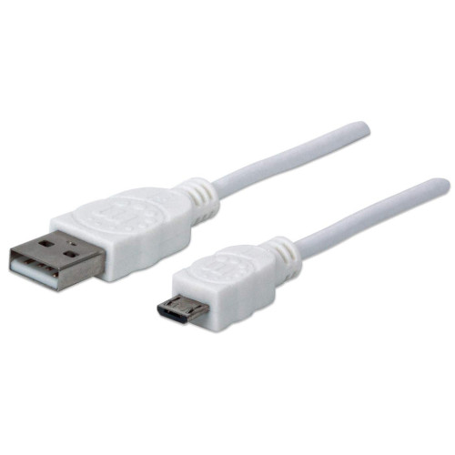 Manhattan USB-A to Micro-USB Cable, 1m, Male to Male, White, 480 Mbps (USB 2.0), Hi-Speed USB, Lifetime Warranty, Equivalent to USBPAUB1MW.